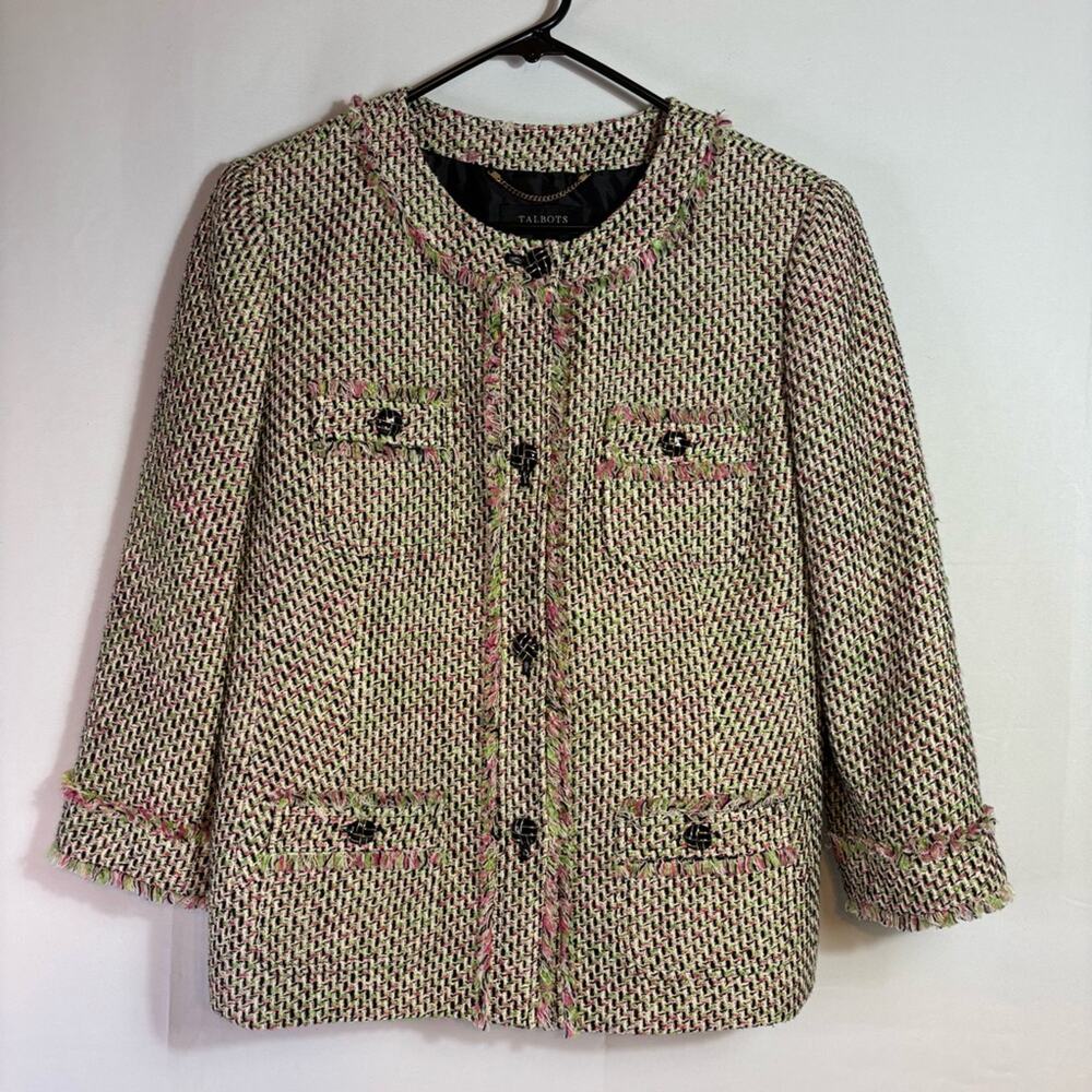 Talbots Pink and Black Blazer Elegant Tweed Design Size 10 Bin3